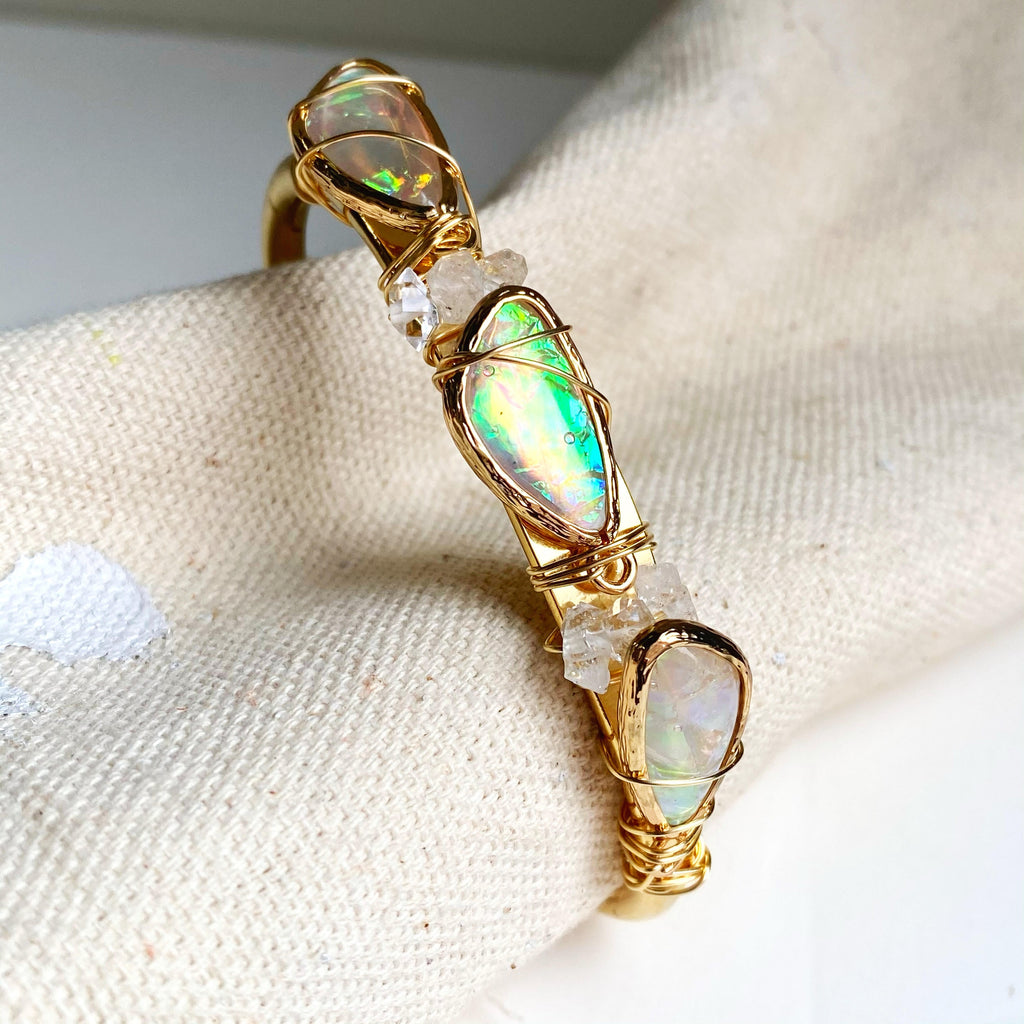 Wonderland Beautique - Opal & Herkimer Diamond Crystal Cuff Bracelet