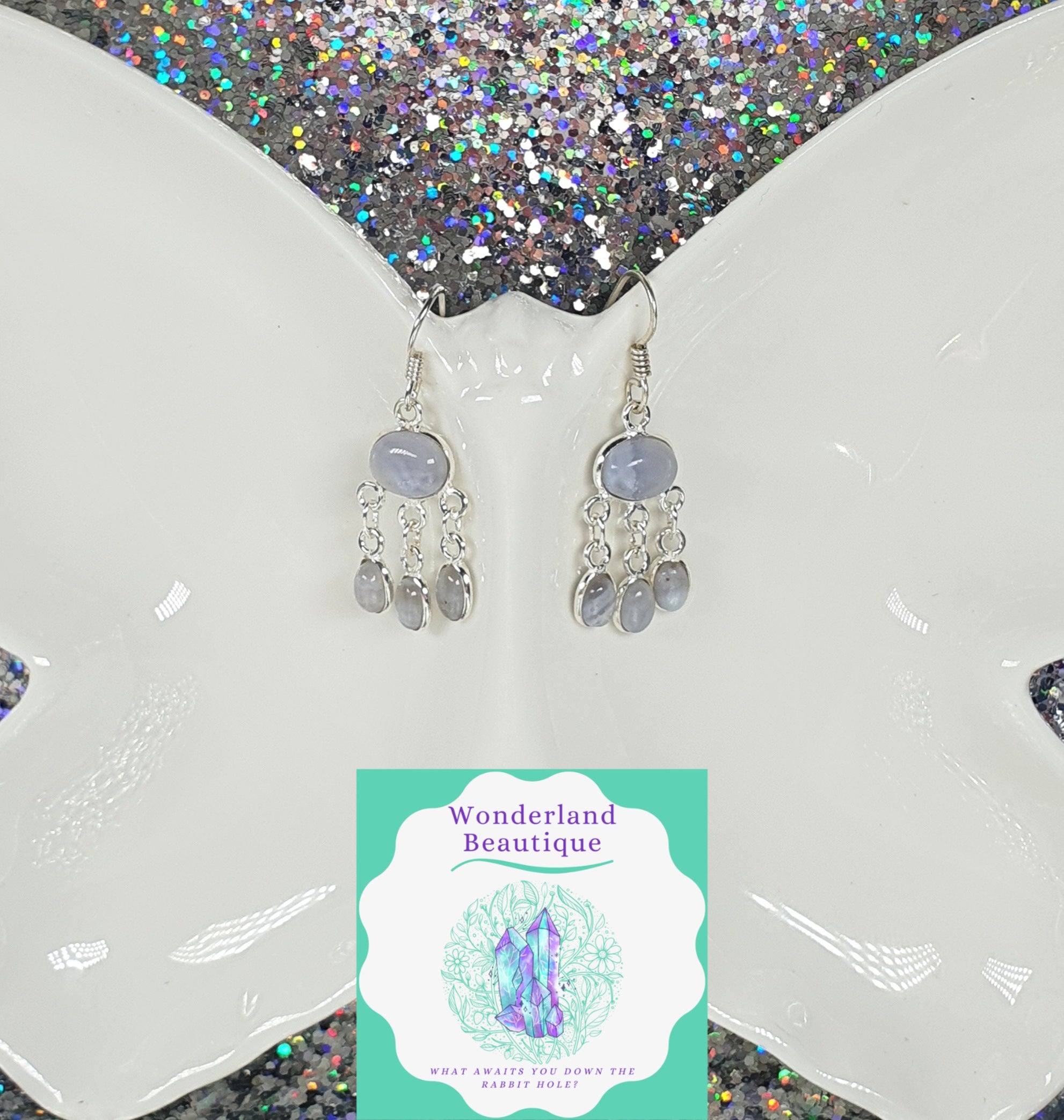 Wonderland Beautique - Blue Lace Agate Cabochon Earrings