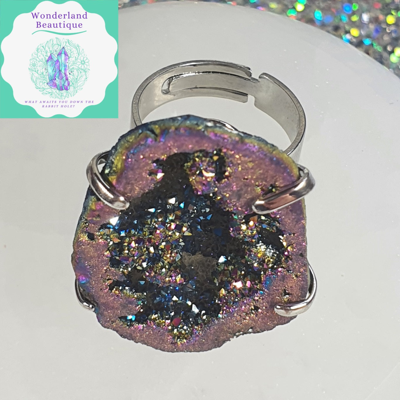 Wonderland Beautique - Rainbow Titanium Aura Druzy Geode Ring