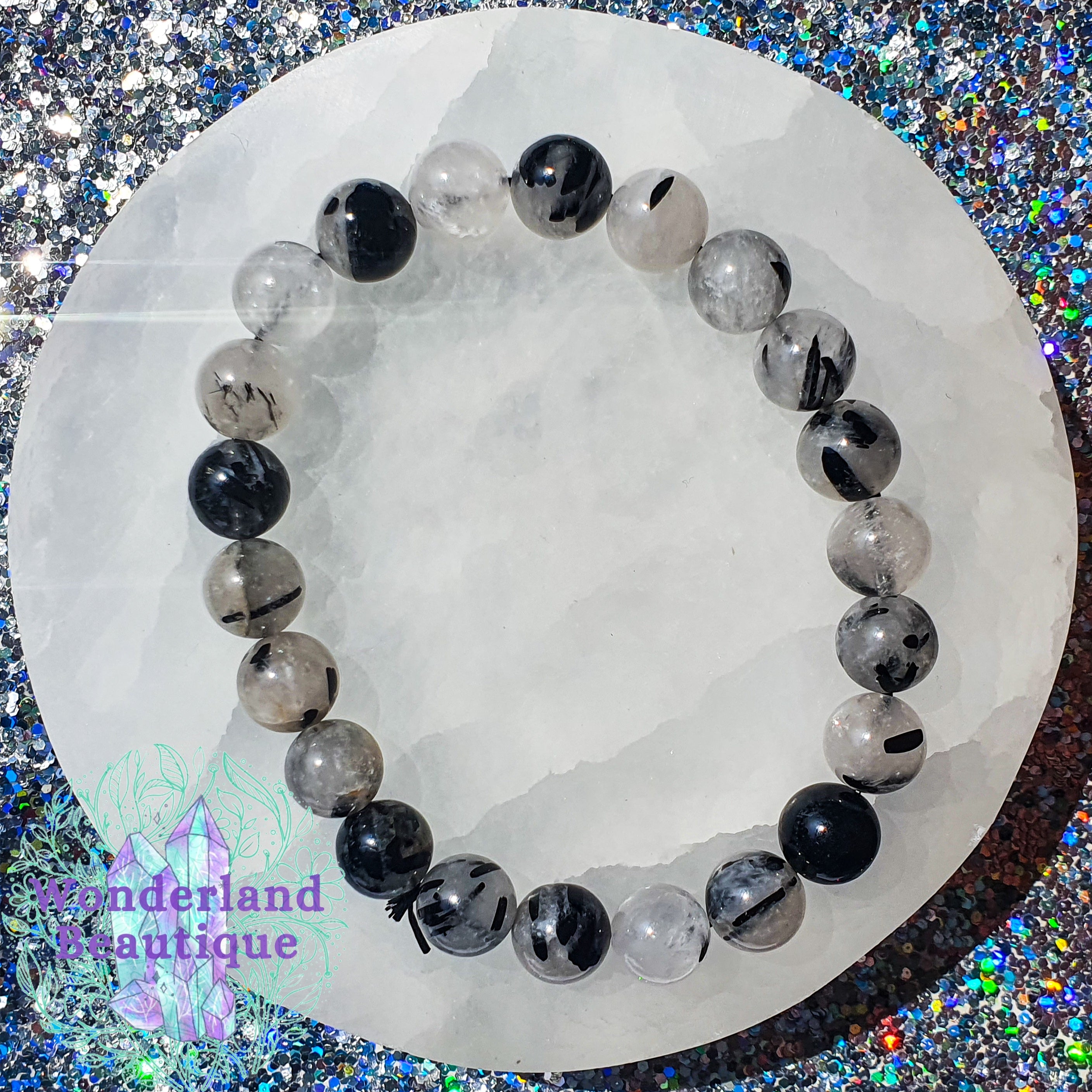 Tourmalinated Quartz Bead Bracelet 8mm